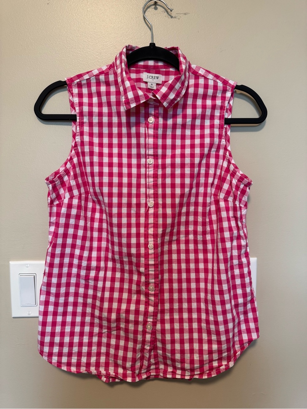 J. Crew Pink and White Gingham Sleeveless Button-Down Shirt